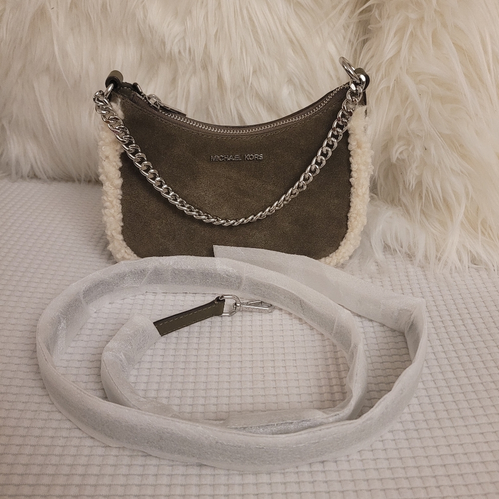 Michael Kors Olive Suede Shoulder Bag with Cream Shearling Trim and Silver Chain